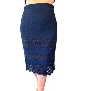 REBECCA TAYLOR Dia High Waist Midi White Navy Blue Lace Pencil Skirt sz 12
